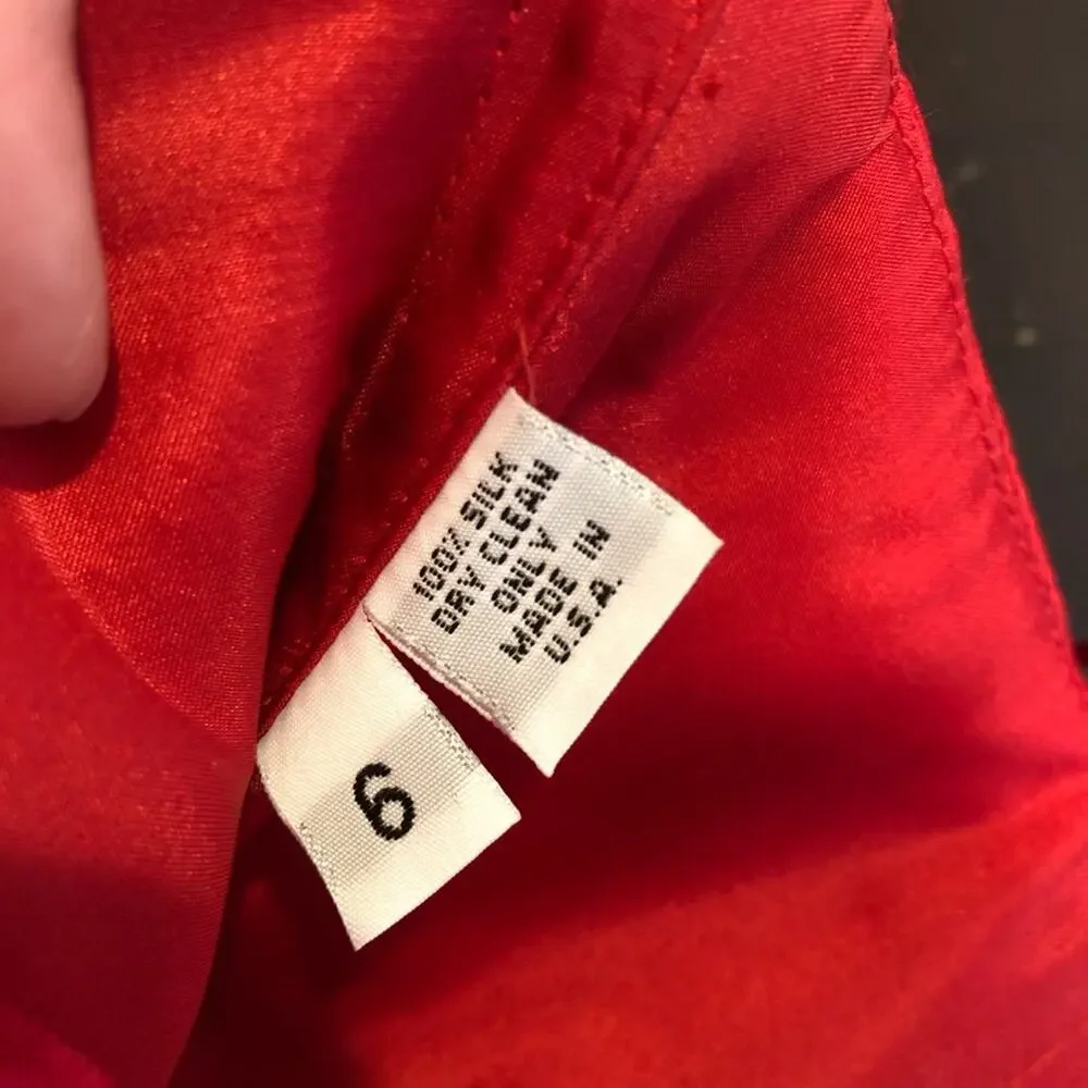 Vintage red silk pleated gathered strapless formal dress size 6